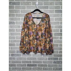 Cotton Bleu Womens Tiger Jungle Print Pullover Balloon Sleeve Blouse‎ Size 1X